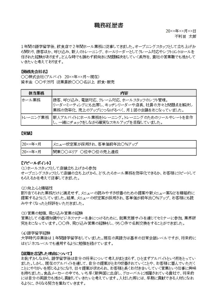 職務経歴書のサンプル